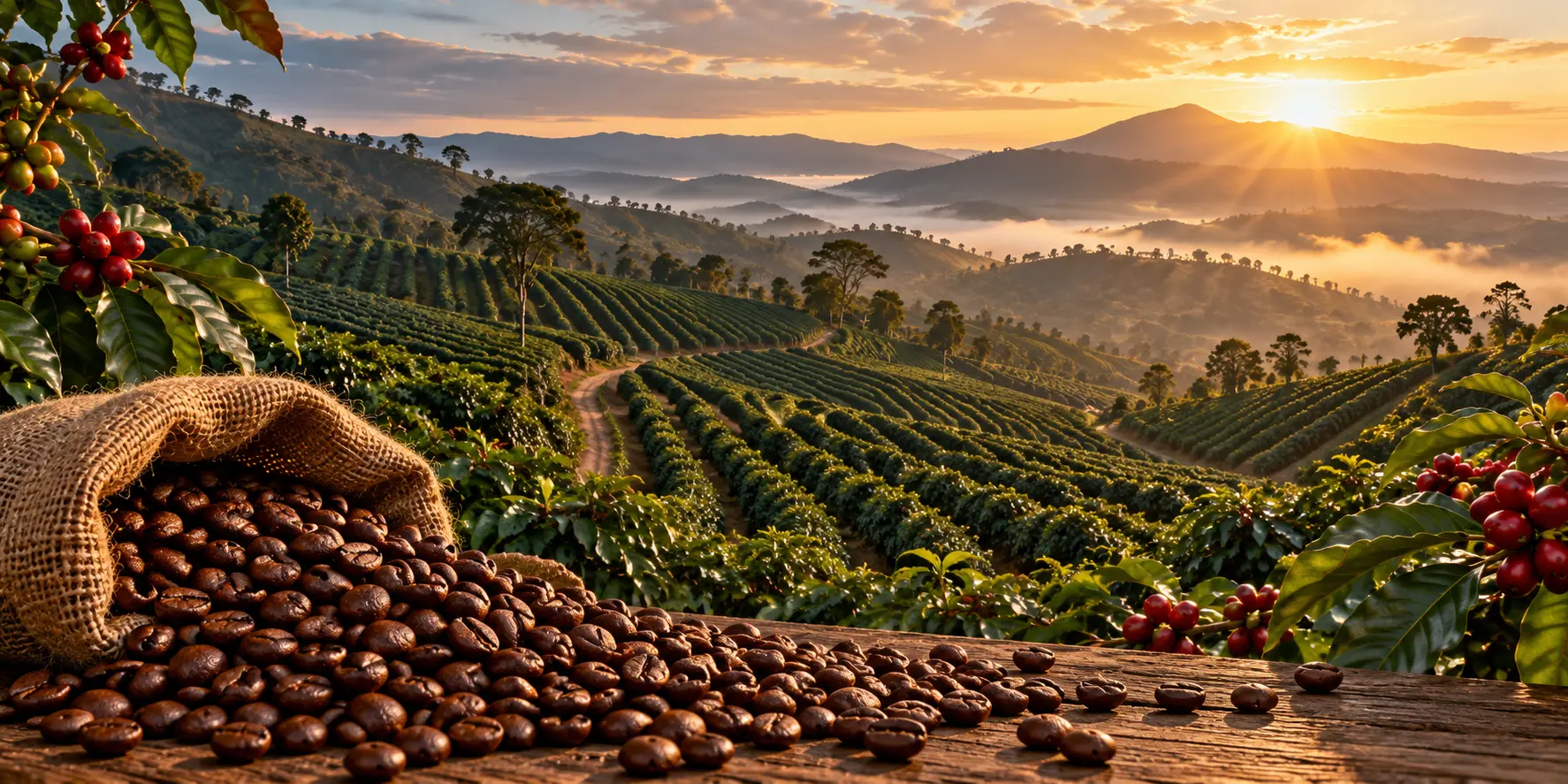 Lush coffee plantation on rolling tropical hills, with coffee cherries and roasted coffee beans spilling across the foreground