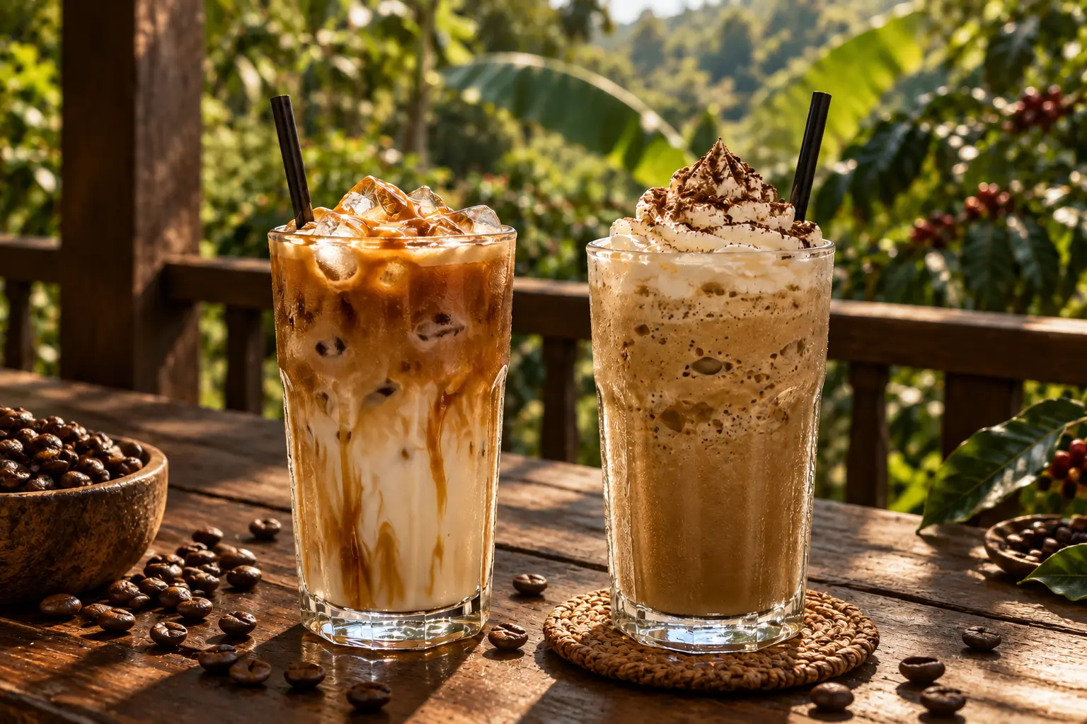Iced latte and coffee frappé on dark timber with coffee beans and tropical greenery